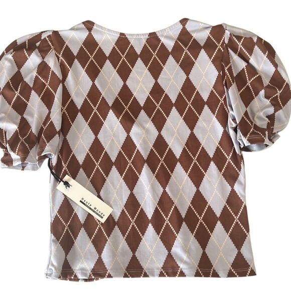 Haute Monde Brown and Light Blue Argyle Plaid Print Crop Top Size Medium NWT - Picture 7 of 11